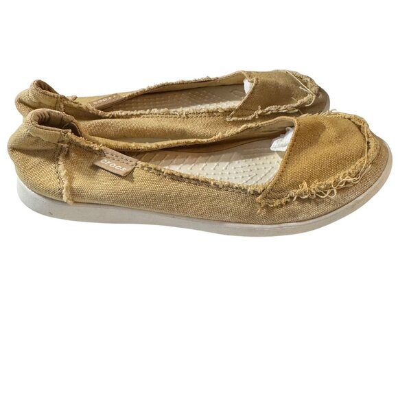 Women's Crocs Canvas Flats Tan‎ Size 6 With Frayed Edges - Picture 3 of 9